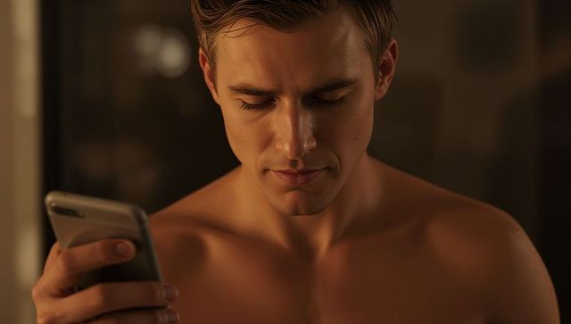 Shirtless man holding smartphone in dim bedroom, intimate moody closeup portrait bokeh