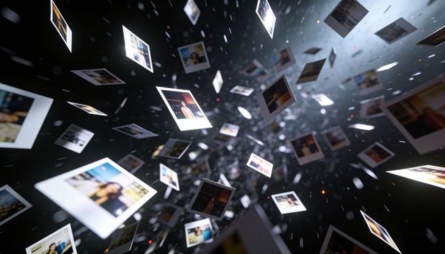 Floating polaroid prints drifting through dark tunnel with neon bokeh and particles