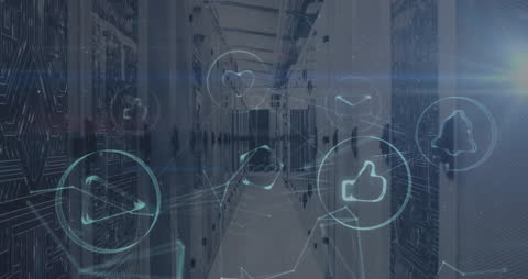 Digital Icons Overlaying High-Tech Server Room Interior