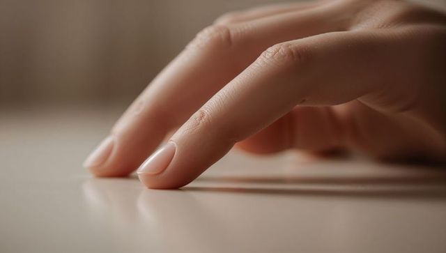 Resting fingertips touching smooth pale surface closeup, minimalist hand detail and texture