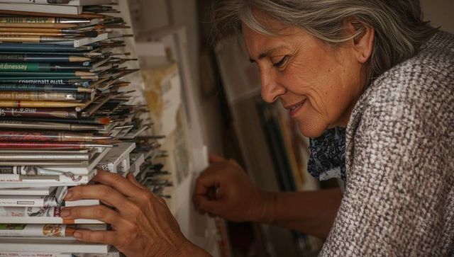 Senior librarian arranging rolled magazines on archive rack, close-up hands and face