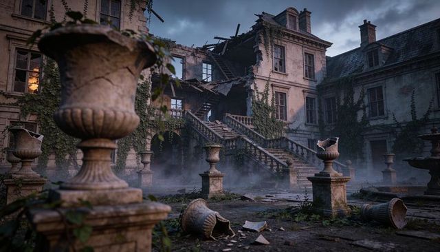 Standing weathered stone urns in derelict manor courtyard with crumbling staircase at dusk