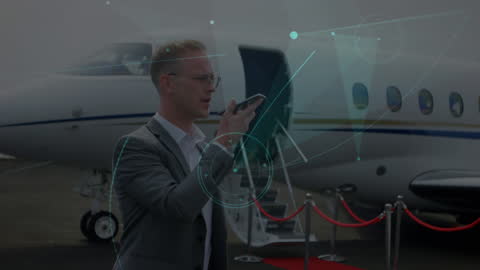 Tech-Savvy Businessman at Airport with Futuristic Graphics