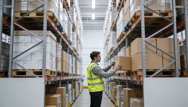 Warehouse worker scanning boxes on pallet racks wearing hi-vis vest for inventory