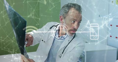 Doctor Analyzing Radiograph with Digital Network Overlay in Clinic