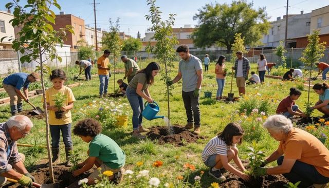 Volunteers planting trees and flowers in urban community garden revitalization project