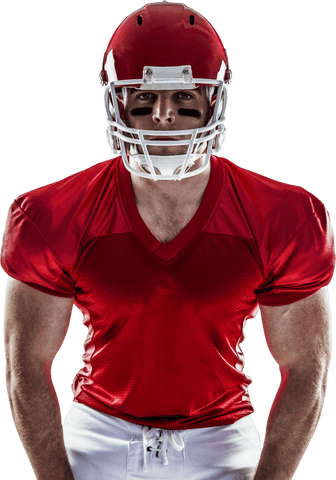 Determined football player in red jersey on a transparent background
