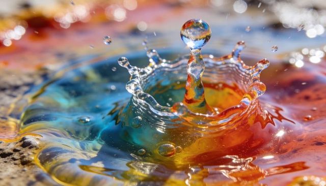 Iridescent rainbow liquid splash forming crown with central droplet high-speed macro