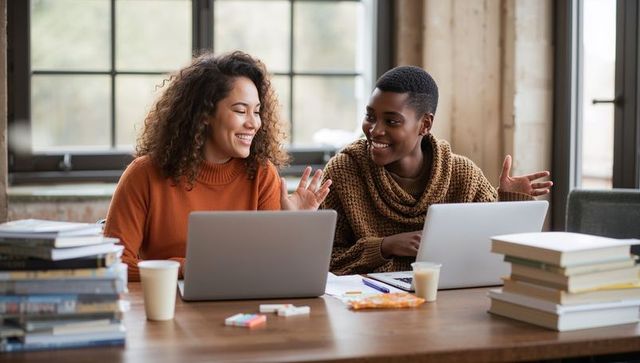 Two women collaborating and studying on laptops in sunlit loft with textbooks and coffee