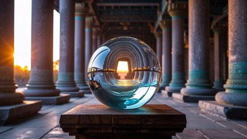 Glass sphere reflecting sunrise in pillared corridor