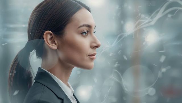 Gazing businesswoman profile headshot, minimalist corporate portrait with bokeh