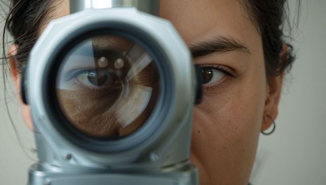Woman peering through metal viewfinder with focused eye reflection and camcorder lens