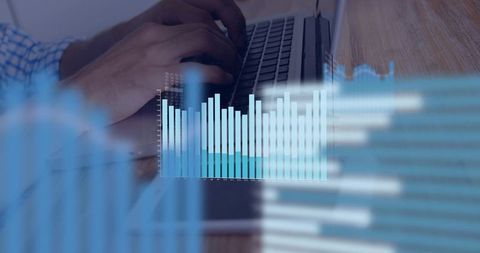 Business analyst typing on laptop with financial bar charts and data dashboard overlay