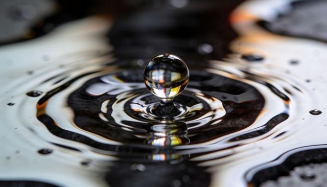 Floating crystal water drop creating concentric ripples macro closeup reflecting light orb