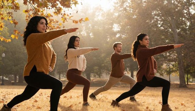 Group practicing lunge workout in autumn park with knit sweaters and sunlight