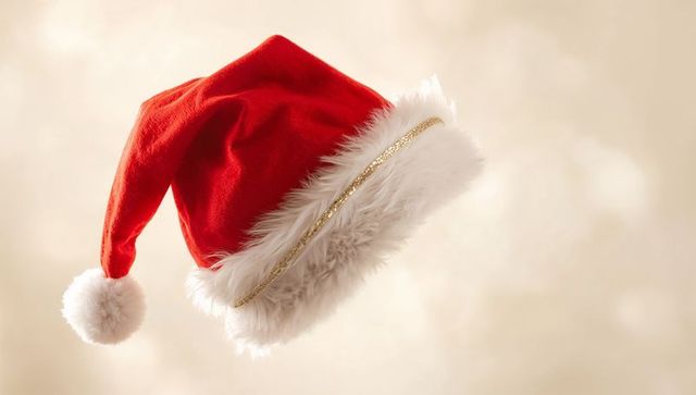Floating Red Velvet Santa Hat with White Faux-Fur Brim and Gold Trim