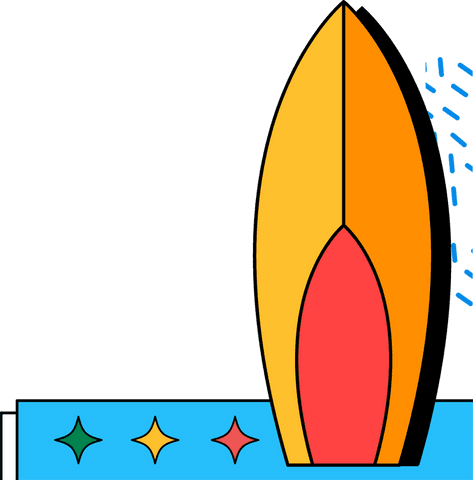 Vibrant two-tone surfboard floating on water with transparent background