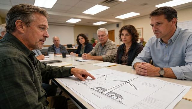 Community meeting reviewing wind turbine blueprint for residential energy planning