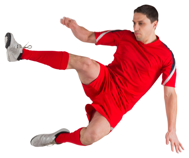 Transparent fit football player jumping and kicking in red uniform - Download Free Stock Videos Pikwizard.com