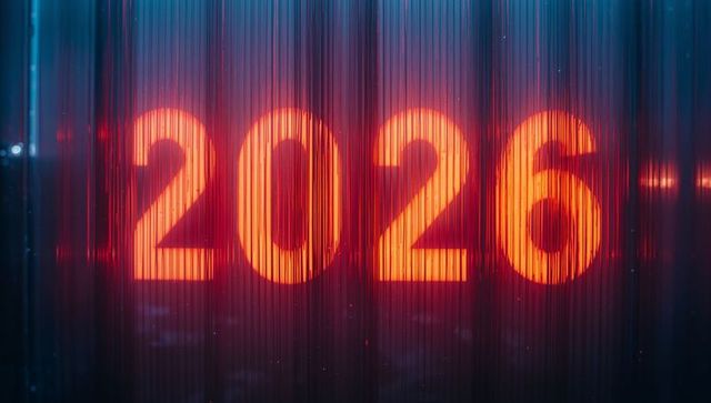 Neon 2026 numerals glowing behind ribbed wet panel backlit storefront display