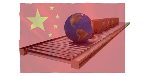 Global shipping with china highlighted on conveyor belt