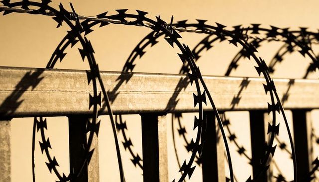 Coiled razor wire looping over metal perimeter fence sepia security barrier concept
