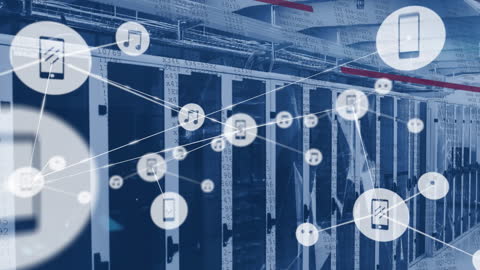 Networking Icons and Digital Plexus Overlaid on Server Room