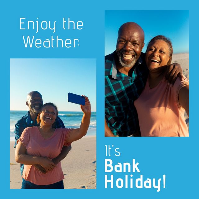 Happy retired couple enjoying a lovely bank holiday at the beach while taking a cheerful selfie. Ideal for themes involving relaxation, vacations, special holidays, senior living, happiness, and time spent together. Perfect for advertisements, greeting cards, blogs on travel and holidays, or illustrations of joyful moments and senior leisure activities.