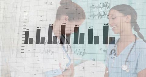 Female Doctors Analyzing Medical Data Overlay in Clinical Corridor