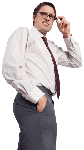 Confused Businessman Adjusting Glasses on Transparent Background