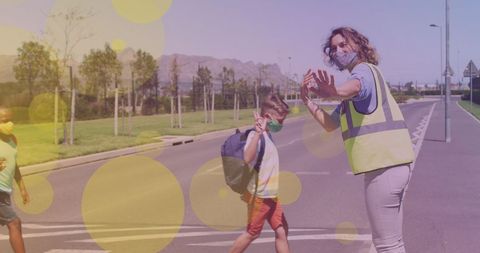 Crossing Guard Assisting Children at Crosswalk