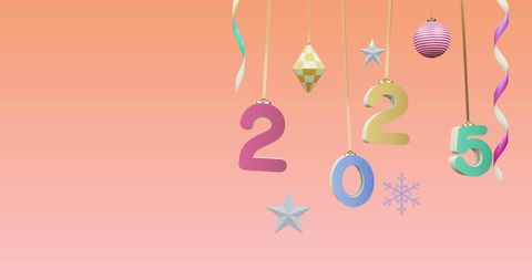 Colorful 2025 Hanging Ornaments Pink Background