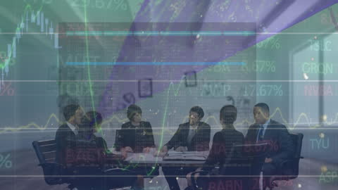 Business Meeting with Data Visualization Overlay