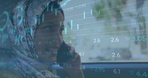 Businesswoman in headscarf engages in mobile finance conversation