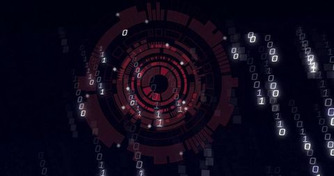 Futuristic Red HUD Interface with Digital Binary Elements