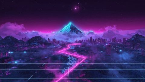 Glowing Cyan Mountain Over Neon Magenta River in Cyberpunk Metropolis with Retro-Future Grid