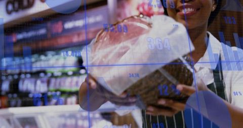 Grocery clerk holding packaged meat with retail analytics overlay and sales data