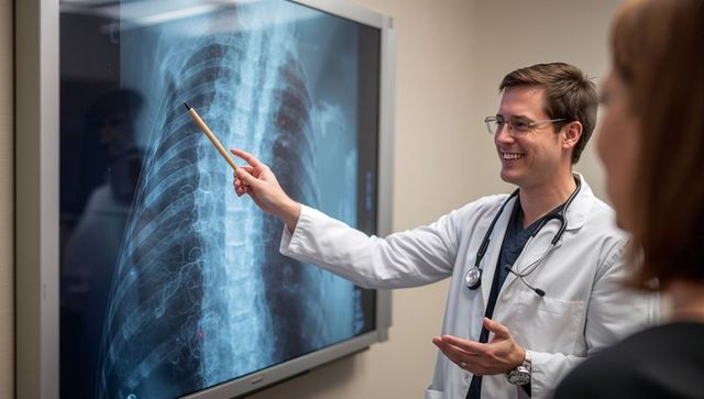Smiling doctor pointing at chest X-ray on digital display during patient consultation