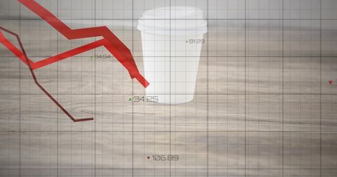 Disposable coffee cup symbolizing falling sales and market decline with red chart overlay