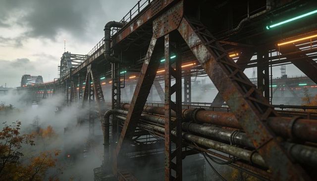 Industrial Rusted Truss Bridge Spanning Foggy Valley with Bundled Pipes and Neon LED