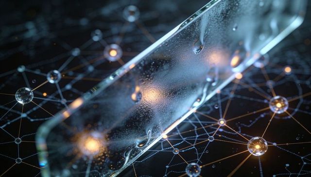 Translucent glass pane diagonally crossing neon neural network with glowing droplets