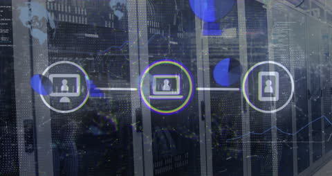 Digital Network Icons Overlaying Data Processing Server Room