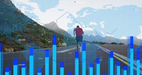 Jogger on Mountain Road with Digital Fitness Overlay