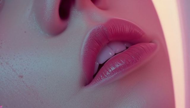 Close-Up of Glossy Lips Under Pink and Purple Lighting