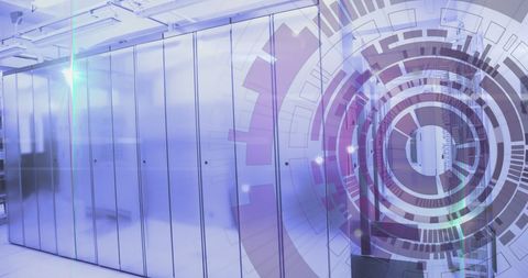 Futuristic digital server room with data technology overlay