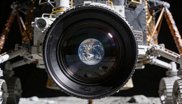 Earth reflection in lunar lander lens over moon crater surface with metallic detail