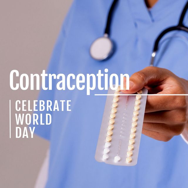 Midsection of african american doctor holding blister pack and contraception celebrate world day. Text, composite, medicine, pregnancy, birth control, awareness, healthcare, campaign and prevention.