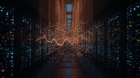 Holographic Wireframe Graph in Futuristic Data Center