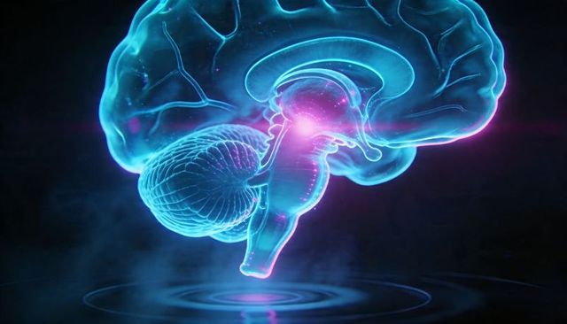 Glowing holographic brain visualization highlighting cerebrum cerebellum brainstem