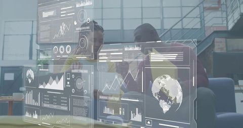 Colleagues collaborating on holographic analytics dashboards in lounge office promoting teamwork